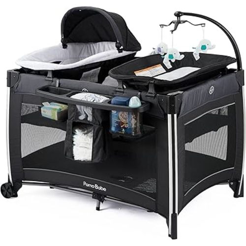 Pamo Babe 4 in 1 Portable Baby Crib Deluxe Nursery Center, Foldable Travel Playard with Bassinet, Mattress, Changing Table for Newborn, Infant, Toddler(Black)