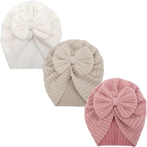 3 Pcs Newborn Baby Turban Hats Big Bow Baby Girl Hats Infant Beanie Warm Toddler Cap for Baby Girls Kids 3-12 Month