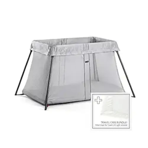 BABYBJORN Travel Crib Light - Silver + Fitted Sheet Bundle Pack ,Silver, One Size