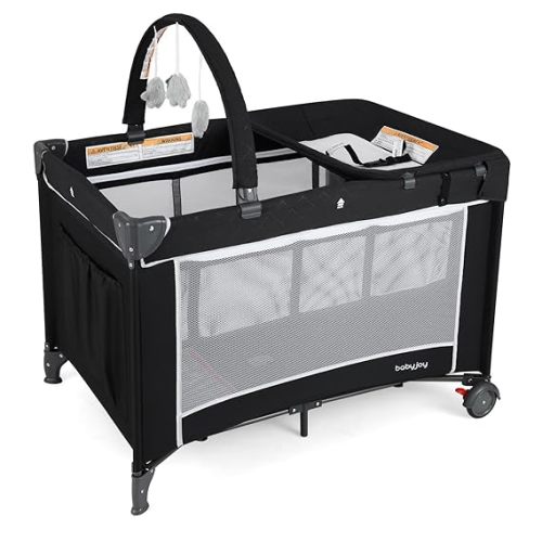 BABY JOY 3 in 1 Pack and Play, Travel Baby Crib Bassinet Bed with Bassinet, Changing Table with Safety Belt, Toy Bar, Lockable Wheels, Portable Baby Playard from Newborn to Toddler