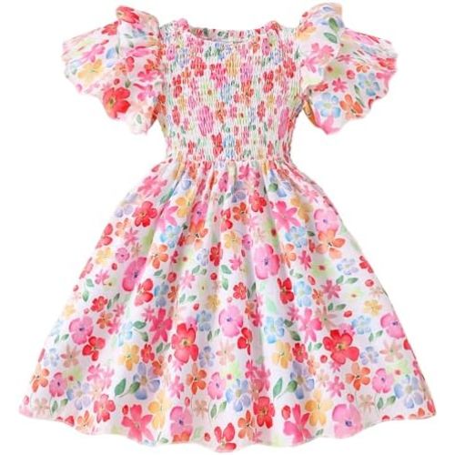 Little Girls Dress Ruffle Sleeve Floral Smocked Dresses Kids Casual Outfits Toddler Summer Tiered Boho Sundress 2-7T