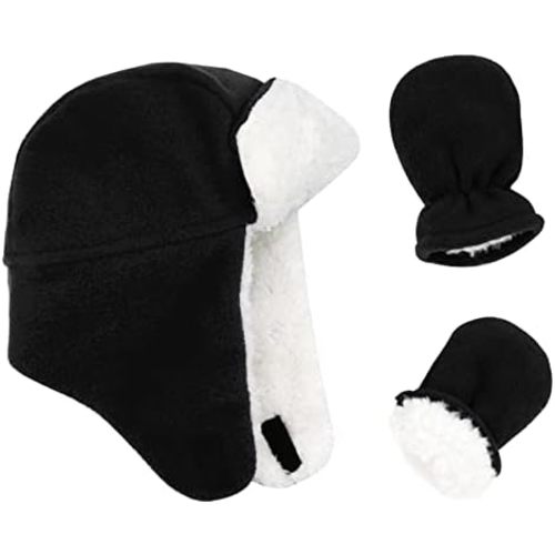 Baby Winter Hat Sherpa Toddler Boy Trapper Hats and Mittens Set Warm Fleece Infant Beanie Gloves