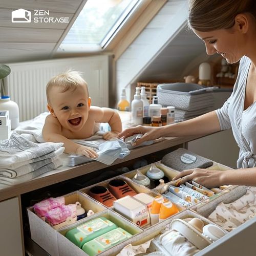 12 Pack Drawer Organizer for Baby Clothes, Linen Fabric Nursery Drawer Organizer for Baby Diaper, Collapsible Deep Fabric Drawer Organizer with Zipper for Socks, Bra, Towels, Ties, Beige - Linen 12pack