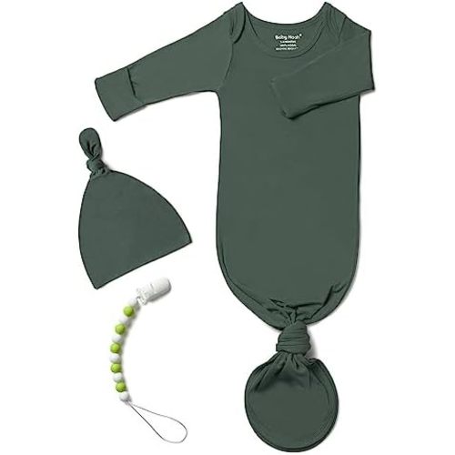Knotted Gown Baby Newborn Hospital Outfit, Modal Infant Sleeper Gowns with Pacifier Clip and Hat Set, Nightgowns 0-3 Months