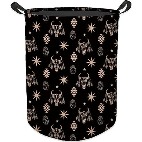Western Aztec Bull Skull Laundry Basket, Toybox for Boys Girls Room, Western Laundry Basket Hamper Waterproof Collapsible Clothes Toys Storage Bin Organizer for Bedroom Bathroom Kids Room Dorm