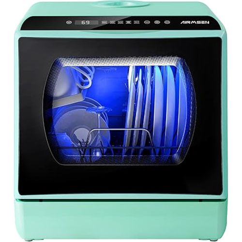 AIRMSEN Portable Countertop Dishwashers, 5 Washing Programs Mini Dishwashers with 5 L Built-in Water Tank and Double-layered Glass Door, No Hookup Needed for Home, Apartments & RVs