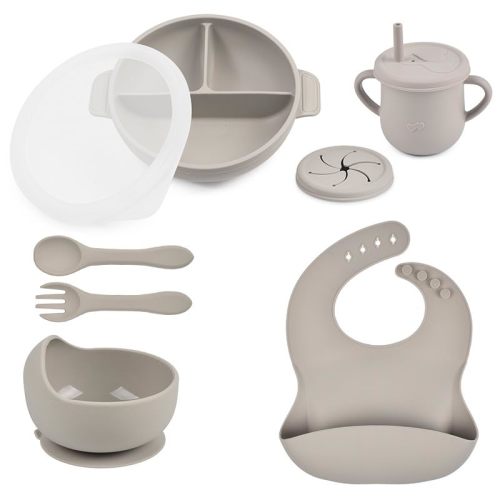 Joline Designs Silicone Baby Feeding Set - Perfect silicone plates for baby & Toddler Plates with lids, Baby Bowls with Suction, Baby Utensils - Baby Led Weaning Supplies & Eating Essentials - (Gray)