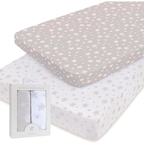 Ely's & Co. Pack N Play Portable Crib Sheet Set 100% Jersey Cotton Unisex for Baby Girl and Baby Boy - Tan Drawn Star Design