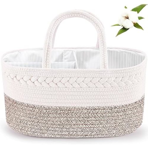 ABenkle Diaper Caddy Organizer, Cotton Rope Nursery Baby Basket, Changing Table Organizer for Baby Diaper Storage, Diaper Nursery Storage Bin for Baby Stuff, Baby Shower Gifts