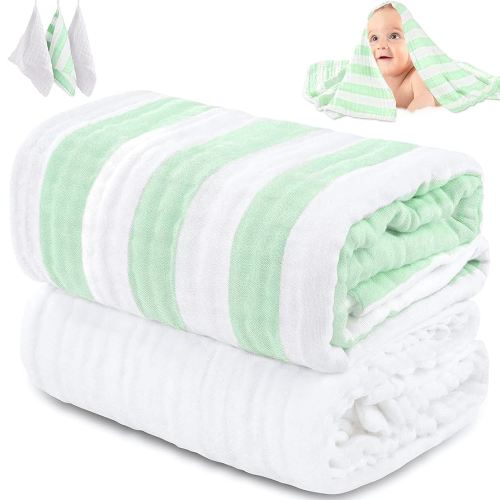 Muslin Baby Bath Towel Set, 2 Large Gauze Super Soft Baby Bath Towel and 3 Washcloths, 6 Layers 100% Cotton Infant Towel Newborn Towel Blanket Suitable for Baby's Delicate Skin(Green)