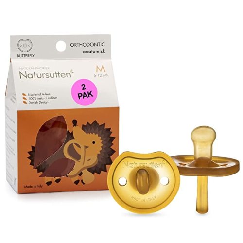 Natursutten 2-Pack Natural Rubber Pacifiers - Safe & Soft BPA-Free Pacifier for Breastfeeding Babies, Made in Italy, Butterfly Shield Orthodontic Nipple, 6-12 Months