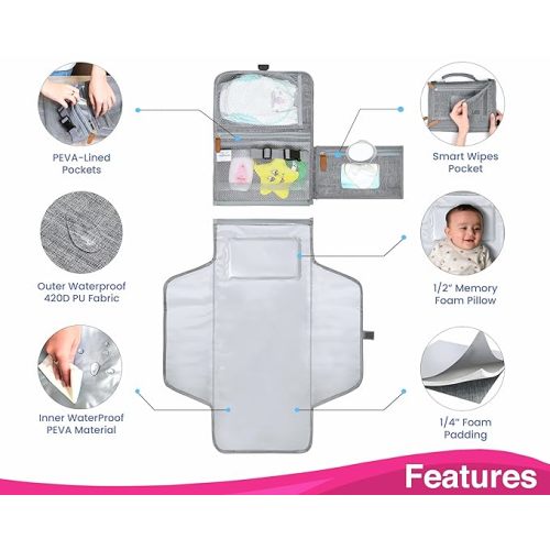 Portable Changing Pad with Shoulder Strap - Detachable Travel Changing Pad - Baby Shower Gifts - Fully Padded & Lightweight - Baby Boy Gifts - Diaper Changing Pad - Changing Mat 27"x22" - Grey