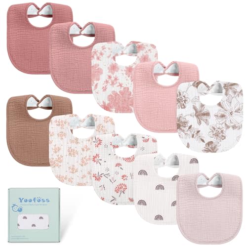 Yoofoss 10 Pack Muslin Baby Bibs for Drooling and Teething, Cotton Bandana Drool Bibs for Baby Girl Boy Unisex 0-36 Months