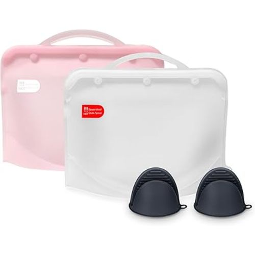Silicone Microwave Steam Sterilizer Bag for Baby Bottles, Reusable Sterilizing Bag for Pump Parts and Toddler Accessories, Easy to Use Sterilizer Bags Perfect for Home and Travel, Pink& White (2PC)