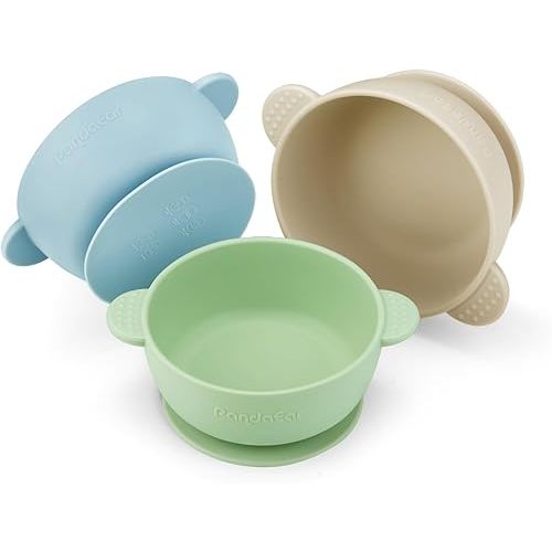PandaEar 3 Pack Baby Bowls with Suction| Stay Put Silicone Food Bowl for Babies Kids Toddlers Infants| Food Grade Soft Safe BPA-Free Silicone (Blue Green Linen)