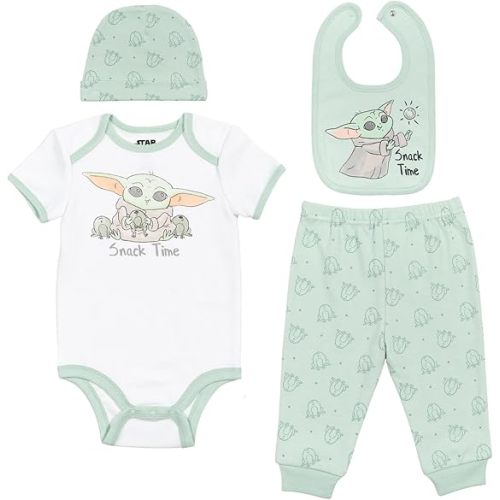 STAR WARS Mandalorian The Child Baby Boys Layette Set: Bodysuit Pants Bib Hat