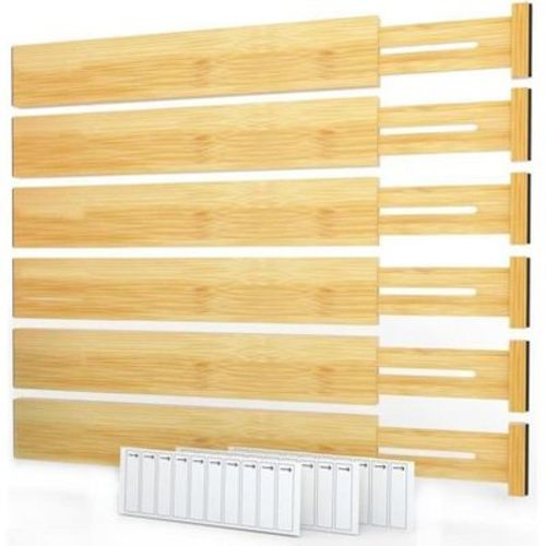 Set of 6 Bamboo Expandable Drawer Dividers with Labels (17-22 in)