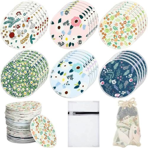 30 Pcs Reusable Nursing Breast Pads Washable Nursing Pads Absorbent Pads with Wet Bag and Laundry Bag Floral Breast Pads Soft Nipple Pads for Breastfeeding Mom Gift(Classic Style)