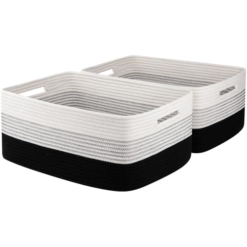 OIASKET Large Storage Basket for Organizing, Woven Rope Basket for Shelves, Closet Organizer Bins for Clothes, Blanket, Toys, Baby Nursery Storage, 17.7" x 13" x 7.87", 2 Packs Gradient Black