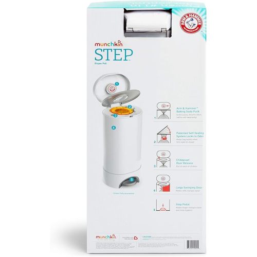 Munchkin® STEP™ Diaper Pail Powered by Arm & Hammer, #1 in Odor Control, Award-Winning, Includes 1 Snap, Seal & Toss™ Bag, 1 Starter Refill Ring, and 1 PUCK™ Baking Soda Cartridge