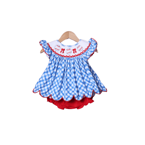 Smocked Baseball Red and Blue Plaid Bloomer Set