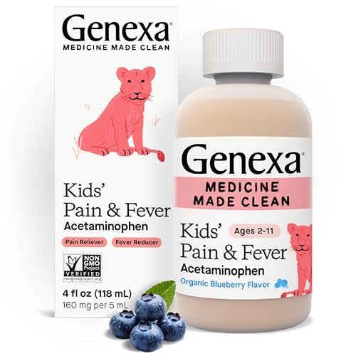 Genexa Kids’ Pain and Fever Reducer | Childrens Acetaminophen, Dye Free, Liquid Oral Suspension Medicine | Delicious Organic Blueberry Flavor | 160 mg per 5mL | 4 Fluid Ounces