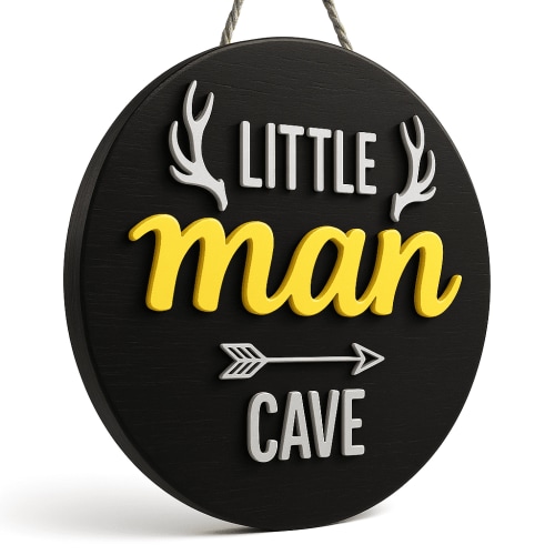 Yellow Lotus Little Man Cave Sign, Large 3d Woodland Nursery Decor, 11 inch, Black