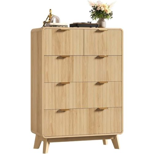 QUW Fluted 5 Drawers Dresser for Bedroom, Modern 40.2" Tall Drawer Dressers with Metal Handle, Wooden Chest of Dresser for Living Room, Hallway, Solid Wood Legs, Curved Profile Design, Natural Oak
