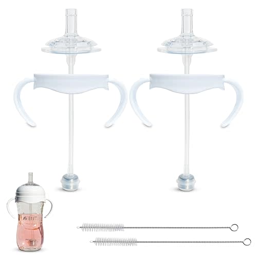 Straw Cup Conversion Kit for Philips Avent Natural Baby Bottle 2-Count | Soft Silicone Straw Top Nipples, Weighted Any Angle Straw Ball, Bottle Handles and Straw Cleaning Brush | 6+ months (Straw Top)