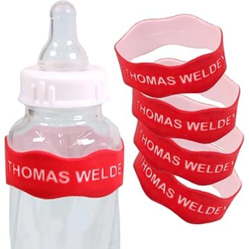 InchBug Orbit Labels - Baby Bottle Name Labels for Daycare, Sippy Cup Bands - Engraved Silicone, Reusable, Dishwasher Safe, White Contrasting Personalization, 4-Pack (Fire Truck Red)