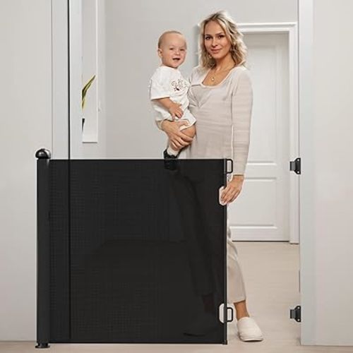 Retractable Baby Gate Dog Gate - BTXON 55" Auto Lock Mesh Child Safety Gates for Stairs, Doorways, Hallways, Indoor, Outdoor(Black)