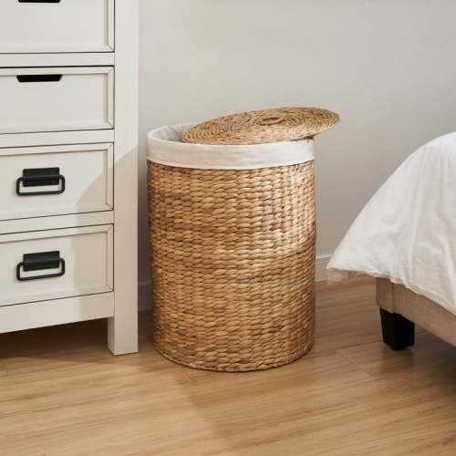 Round Tall Water Hyacinth Woven Wicker Laundry Hamper with Lid - 15" x 15" x 20" - Natural Brown