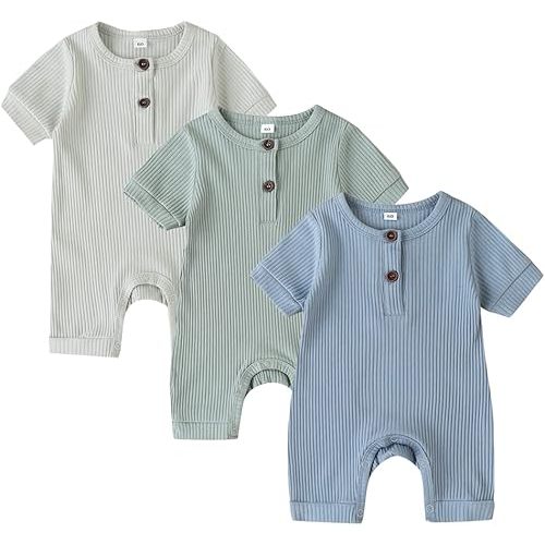Bafeicao Baby Boy Girl 2/3 Pack Solid Romper Ribbed Short/Long Sleeve Bodysuit Jumpsuit Infant Knitted Outfits Clothes