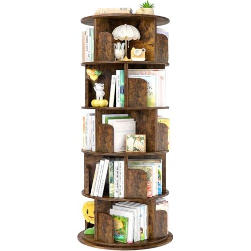 Aheaplus Rotating Bookshelf, 360 Display Wood Spinning Bookshelf Tower, 5 Tier Floor Standing Bookcase Storage Rack, Revolving Bookcase Corner Bookshelfs for Small Space, Study, Bed Room, Rustic Brown