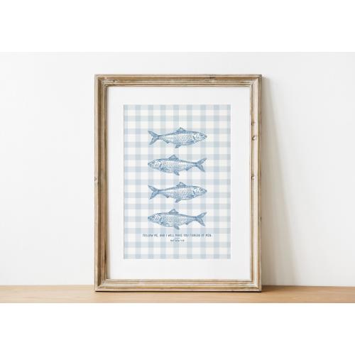Fishers Of Men Christian Poster, Bible Verse Wall Art, Digital Download Scripture Print, Boy Nursery Fish Decor, Cottagecore Play Room Art