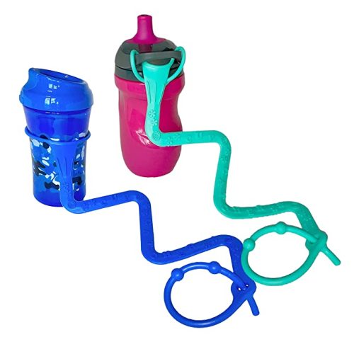 Brilli Baby Sippy Cup Catcher - 2-Pack - Bungee Tether for Bottle or Toy - Pacifier Holder Strap to Attach to Your Stroller - Leash to Secure Cups to High Chairs -Springy Cord for Car Seat Aqua & Navy - Aqua/Navy