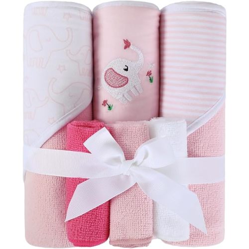 Softan Baby Hooded Towels and Washcloths Set 6 Pack, 28x28 Ultra Soft & Absorbent Baby Bath Towels for Newborn Infant Toddler, Unisex Boys Girls (Pink Elephant)