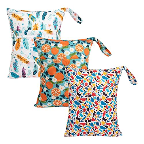 babygoal Wet Dry Bags for Baby Cloth Diapers, Washable Travel Bags, Beach, Pool, Gym Bag for Swimsuits & Wet Clothes with Two Zippered Pockets 3 Pack, 3LN21