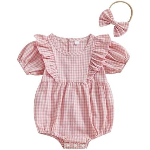 Infant Baby Girl Summer Outfit Plaid Romper Boho Short Sleeve Ruffle Bodysuit with Headband Clothes
