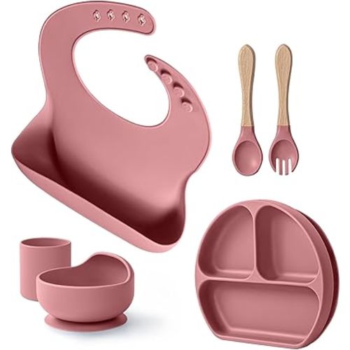6-Piece Silicone Baby Feeding Set for BLW | Strong Suction Divided Plate & Bowl, Easy Grip Utensils with Spoon,Bib,Cup|Food Grade BPA-Free, Dishwasher Safe | 6+ Months Toddler Essentials