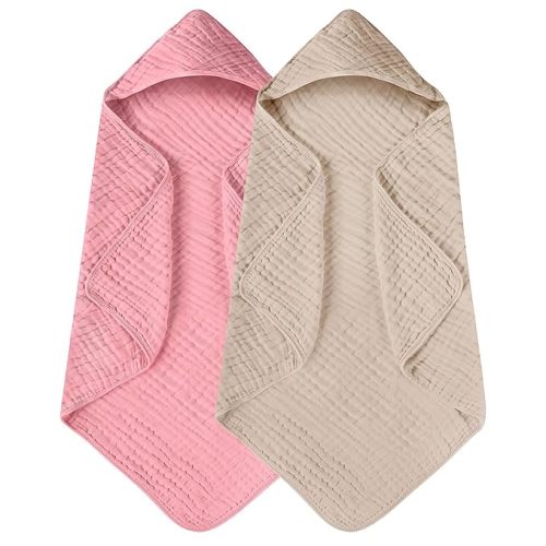 Yoofoss Hooded Baby Towels for Newborn 2 Pack 100% Muslin Cotton Baby Bath Towel with Hood for Babies, Infant, Toddler and Kids, Large 32x32Inch, Soft and Absorbent Newborn Essential - Beige & Bean Paste
