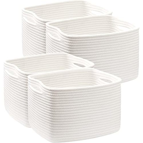 Storage Baskets for Shelves White Rope Basket for Organizing 4 Pack Rectangle Toy Bins for Nursery 12.7"Lx9"Wx7.9"H