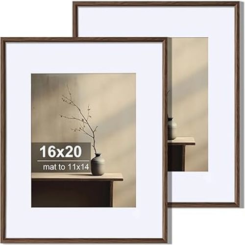 Axeman 16x20 Picture Frame Set of 2, Display 11x14 Pictures with Mat or 16x20 without Mat, Thin Border Wall Gallery Photo Frames for Wall and Tabletop Display, Walnut