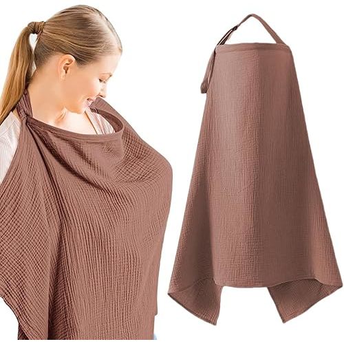 Muslin Nursing Cover for Breastfeeding, Soft&Breathable Cotton Breastfeeding Cover for Women,Privacy Nursing Covers with Arch Neckline Adjustable Hoop for Mother Nursing Apron (Coffee)