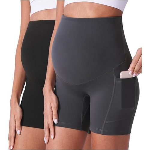 POSHDIVAH Maternity Shorts for Women Over Belly Biker Workout Yoga Active Summer Pregnancy Running Short Leggings 5"