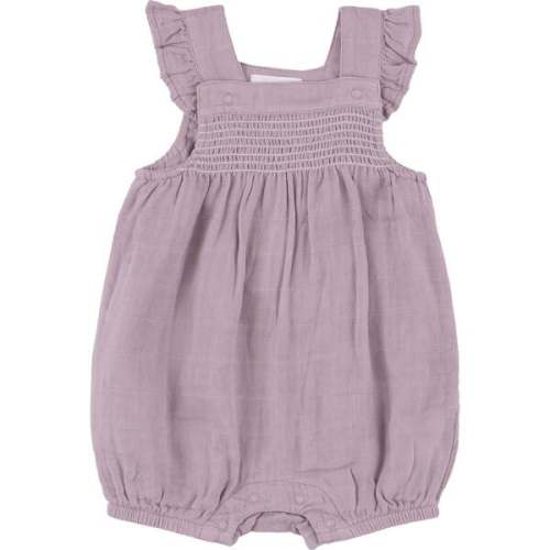DUSTY LAVENDAR SOLID MUSLIN SMOCKED FRONT OVERALL SHORTIE, Purple - Angel Dear Rompers | Maisonette (3-6 months)