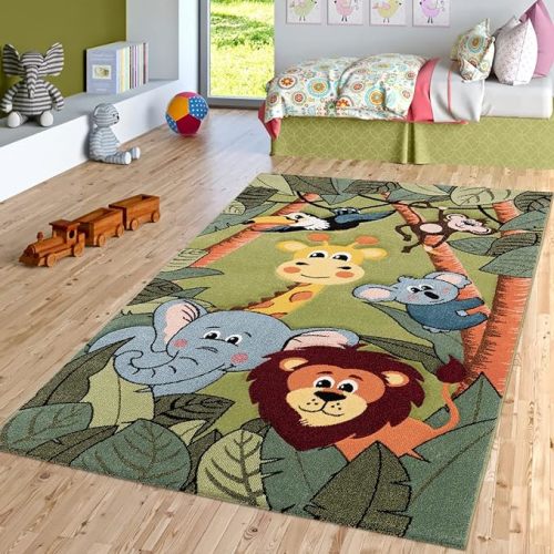 Paco Home Kids Rug for Nursery with Jungle Animals in Green, Size: 3'11" x 5'7"