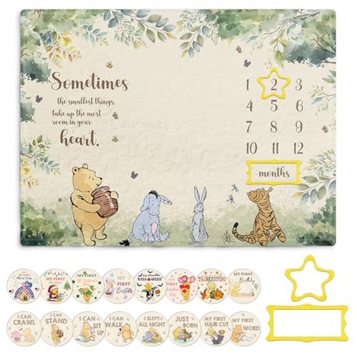 Winnie Milestone Blanket for Baby, the Pooh Babies Monthly Blanket, Winnie Quotes Baby Milestone Blankets, Newborn Photography Background Decor, with 8pcs Double-sided Printed Holiday Cardstock