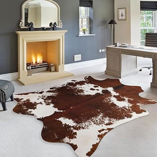 Cowhide Rug 5.2 x 6.2 Feet, Cow Hide Rug Durable No-Slip Backing, Faux Cowhide Rug Thickened Elastic, for Bedroom Living Room Home Office Western Decor