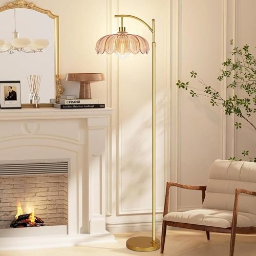QIYIZM Floor Lamp for Living Room,Bedroom,Gold Dimmable Standing Lamp with Remote,Mid Century Modern Brass Tall Lamp Retro Vintage Green Glass Lamp Floor Light Boho Bohemian